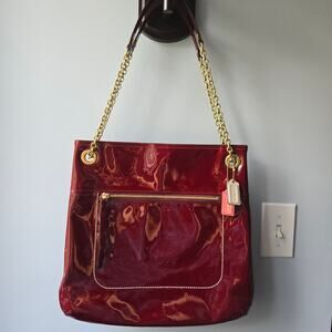 Coach Poppy Embossed Crimson Patent Leather Chain Strap Slim Tote Shoulder Bag